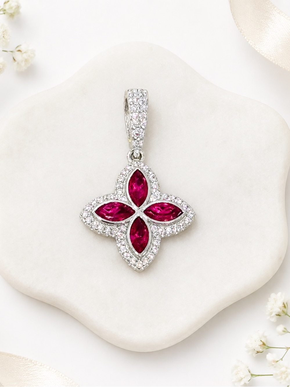 925 Sterling Silver Four-Petal Ruby CZ Pendant NEW